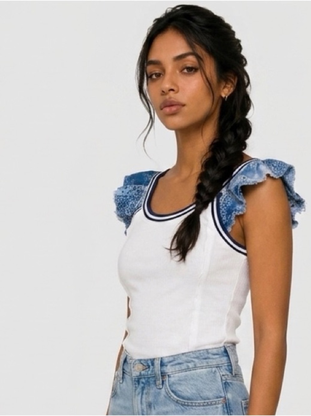 Pilcro White and Navy Muscle Tee with Blue Printed Ruffle